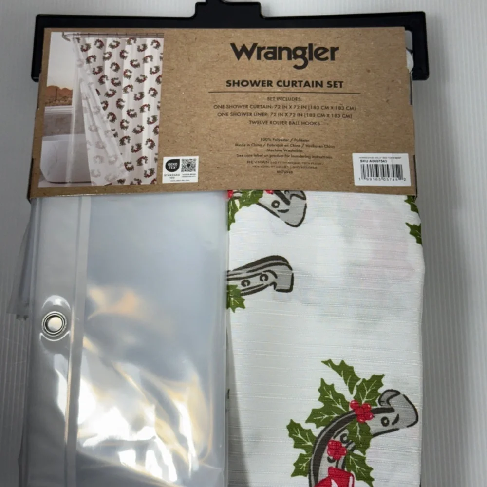 WRANGLER Christmas Horseshoe Holly Red Bow Shower Curtain Set‎ 72 x 72 VIRAL NEW